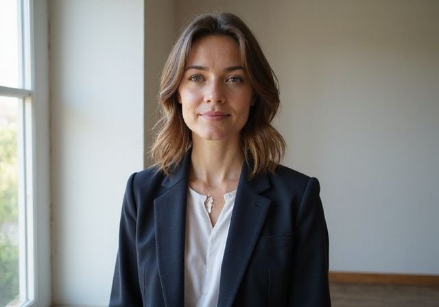 Eine selbstbewusste, junge Frau in formeller Kleidung in einem natürlichen, stimmungsvollen Raum. Eine selbstbewusste, junge Frau in formeller Kleidung in einem natürlichen, stimmungsvollen Raum.