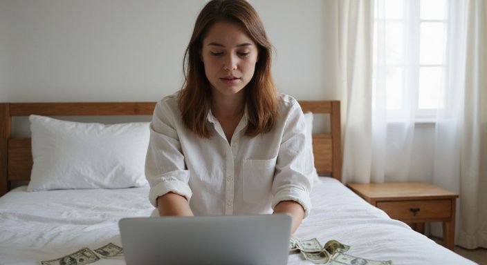 A young woman sits on a bed, examining dollar bills thoughtfully. A young woman sits on a bed, examining dollar bills thoughtfully.