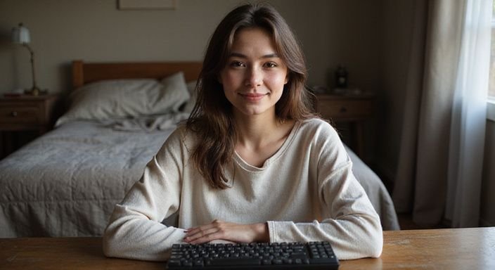 A young woman smiles warmly in a cosy bedroom setting. A young woman smiles warmly in a cosy bedroom setting.