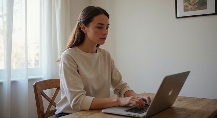 A young woman works intently on her laptop in a cosy setting. How Much Do Webcam Models Earn: A young woman works intently on her laptop in a cosy setting.
