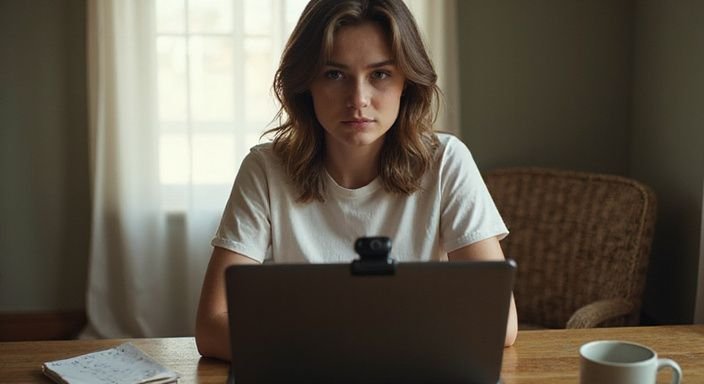 A woman sits at a desk, focused on her laptop. A woman sits at a desk, focused on her laptop.