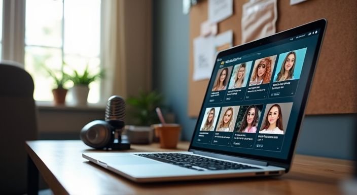 Close-up of a laptop displaying webcam modelling platforms in an organised workspace. Close-up of a laptop displaying webcam modelling platforms in an organised workspace.