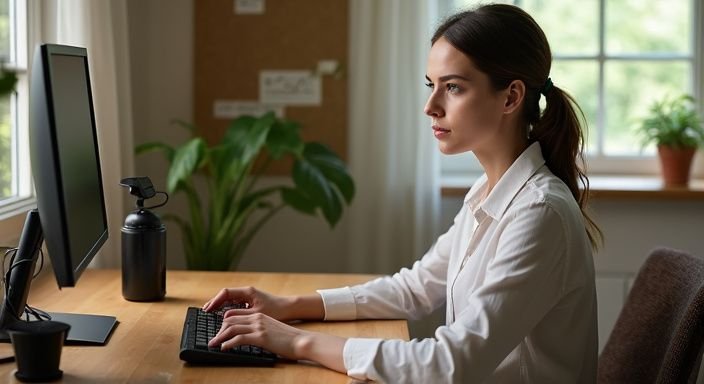 A focused young woman adjusts her webcam in a neatly organised home office. A focused young woman adjusts her webcam in a neatly organised home office.