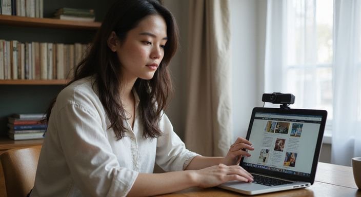 A young woman adjusts a webcam on her laptop in a cosy room. What Should You Do As A Webcam Model? A young woman adjusts a webcam on her laptop in a cosy room.