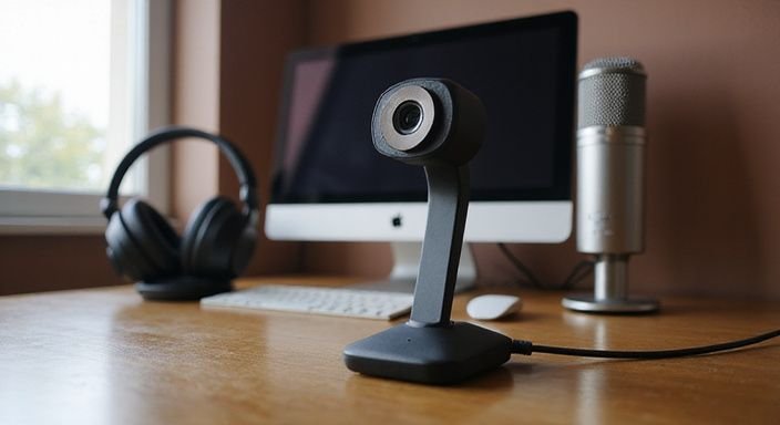 A sleek webcam and professional audio gear on a tidy desk. What Should You Do As A Webcam Model? A sleek webcam and professional audio gear on a tidy desk.